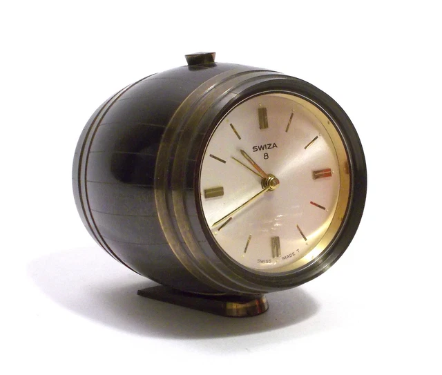 Swiza Orologio Sveglia Da Tavolo 8 Days Vintage In Ottone A Forma Di Barile 1960