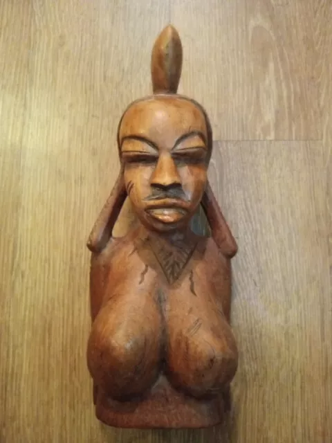 Vintage-Hand Carved Hardwood Nude African Tribal Woman Bust Sculpture Art