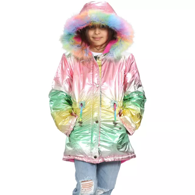 Kids Girls Longline Fashion Foil Rainbow Jacket Metallic Coat Age 5-13 Years