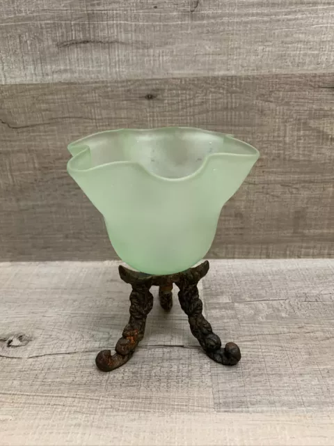 Vintage Candleholder Glass Cast Iron 3 Footed Frosted Green Tulip
