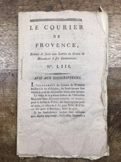 Corse Journal Revolution French 1789 Mail of Provence Mirabeau