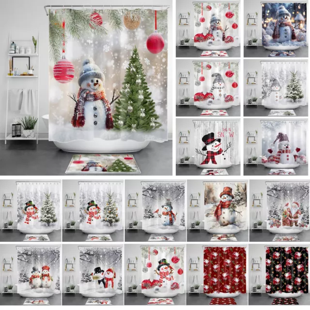 Winter Forest Snowman Cute Santa Claus Shower Curtain Bathroom Accessories Set