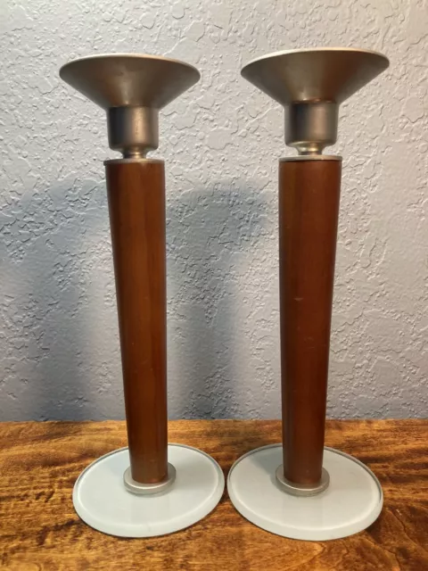 Vintage Pair of Candlesticks Teak Wood, Frosted Glass and Silver Metal.