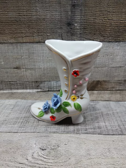 Victorian Lady's Shoe Boot With Flowers Porcelain Vase Decor 5" Tall