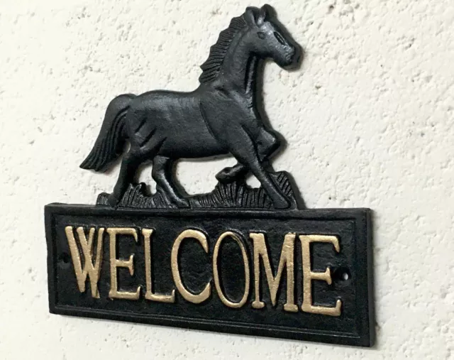 Welcome Sign Horse Cast Iron Wall Mount Plaque Large 19cm x 16cm Traditional 3