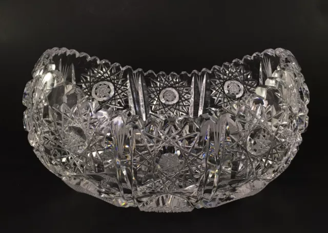 Abp Brilliant Cut Crystal Hobstar Fan Star Sawtooth Rim Canoe Shaped Bowl 7"Long