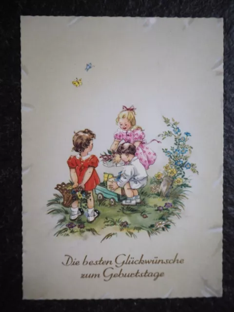 Alte AK , Kinder mit Blumen und Geschenken , gold verziert Geburtstag (J330)