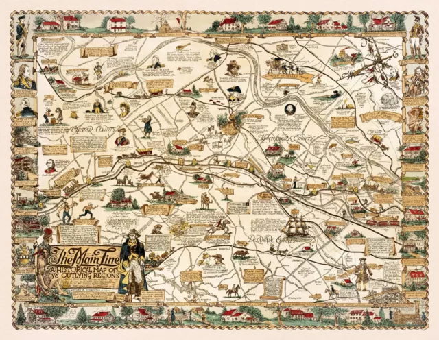 Pictorial Historical Map Main Line Philadelphia Genealogy Wall Art Poster Decor
