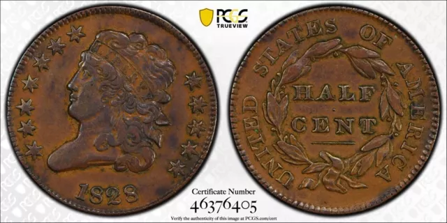 1828 Classic Head US Copper Half Cent 1/2C - 12 Stars PSGS XF40 Gold Label