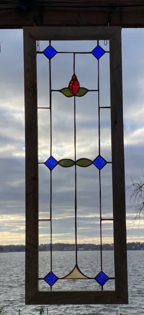 Framed Stained Glass Window Red/Green/Blue Flower Design