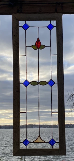 Framed Stained Glass Window Red/Green/Blue Flower Design