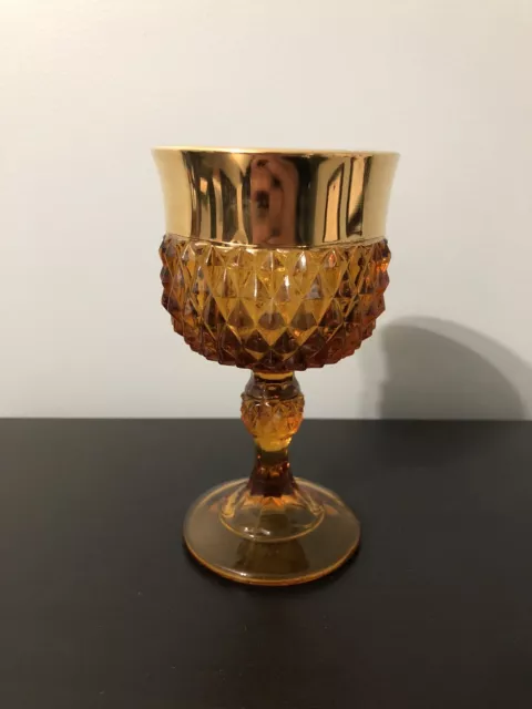 Vintage Indiana Glass Amber Gold Diamond Point Wine Water Goblet 5 1/4”