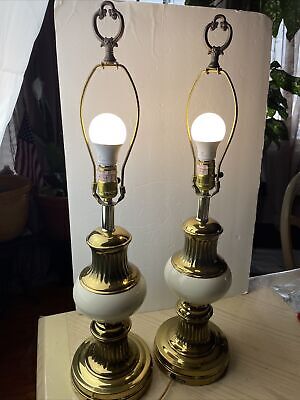 Vintage Alsy Table Lamp Pair Mid Century Brass Ceramic Neoclassical Style Beige