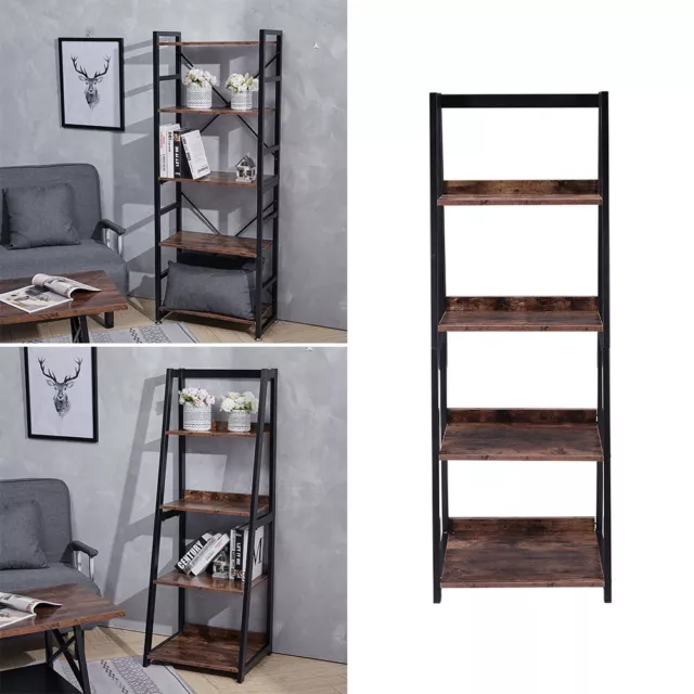 4/5Tier Bookcase Shelves Wood&Metal Ladder Metal Frame Industrial Bookshelf Unit