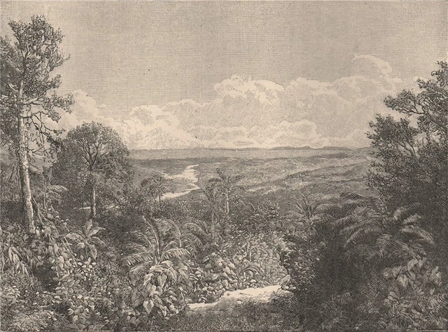Ecuador scenery. view on the Pastaza river east of El Altar 1885 old print