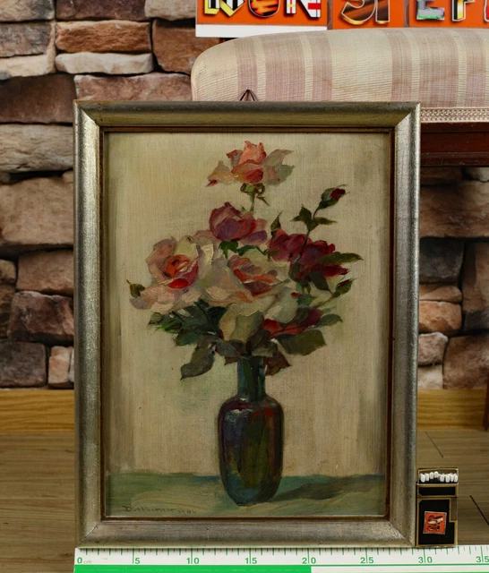 Paula Dittberner (Nacido Antes 1900) Pintura Al Óleo Antiguo 1946 Rosas Jarrón 1