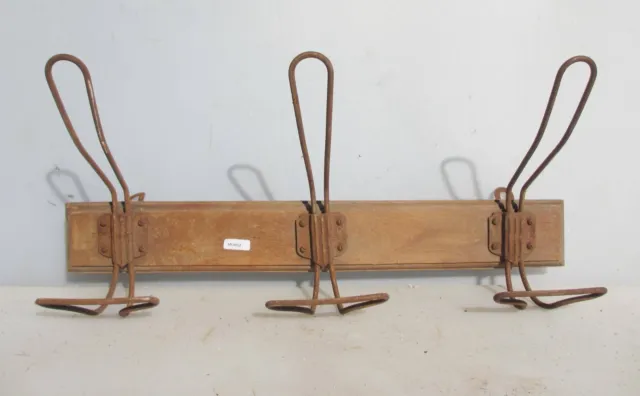 Antique Wooden Coat Rack Iron Hat Hangers Hooks Old Wood Vintage French 18"W