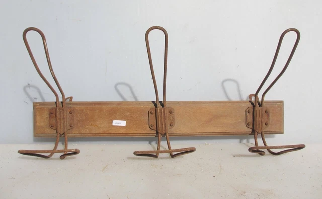 Antique Wooden Coat Rack Iron Hat Hangers Hooks Old Wood Vintage French 18"W