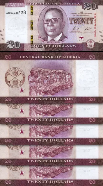 Liberia 20 Dollars 2022, UNC, 5 Pcs LOT, Consecutive, P-New Design