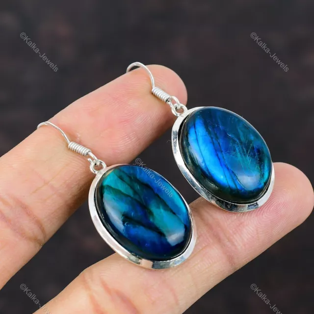 Natural Neon Flash Labradorite Gemstone Drop/Dangle Blue Earrings 925 Silver