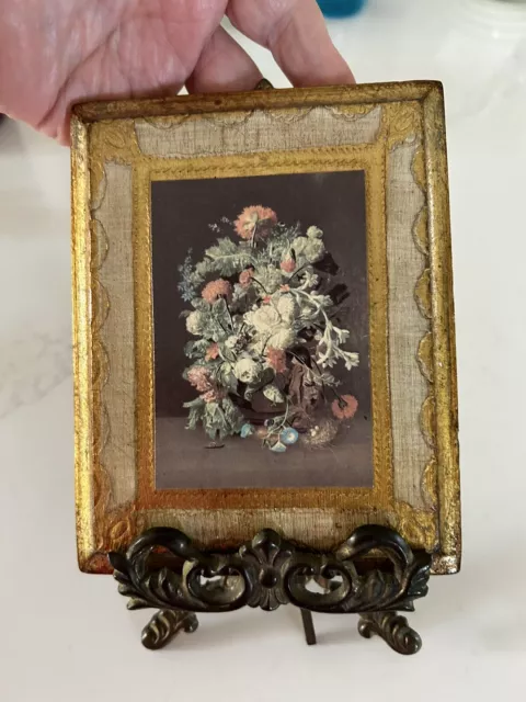 Vintage Florentine Gold Gilt Floral Wood Plaque Picture Made in Italy w/ Easel