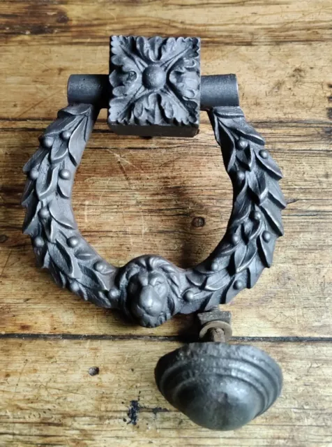 Superb Original Large Early Victorian Cast Iron Door Knocker and Strike Plate.