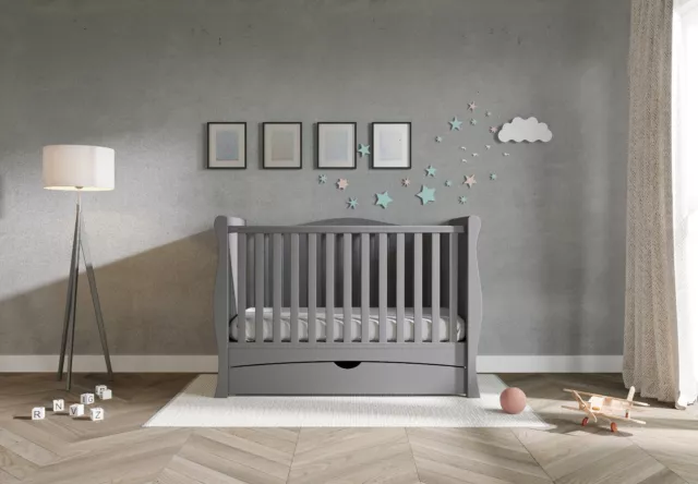 New Grey Sleigh GILBERT Baby Cot Bed Drawer – optional Fibre Mattress 140x70x10