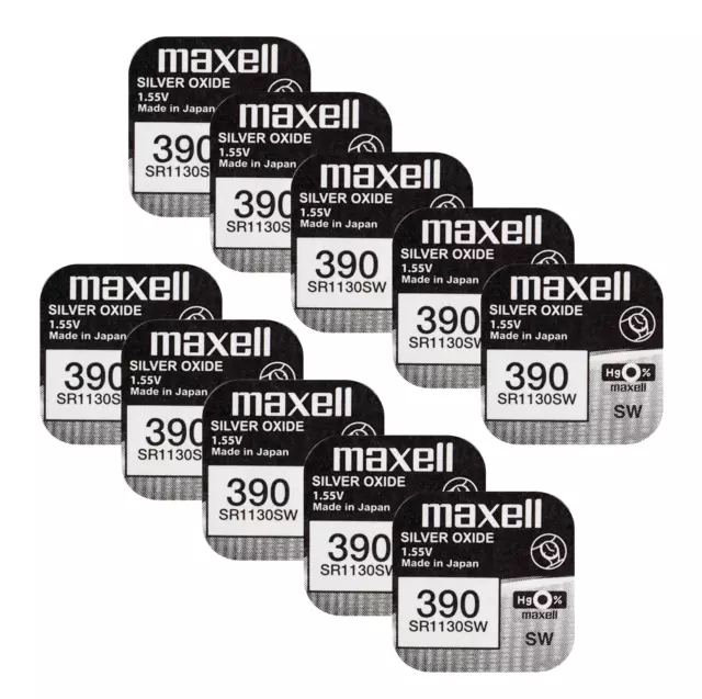 10 Maxell 390 389 SR1130SW Batterie Argento 1.55V Orologio Scadenza 2022