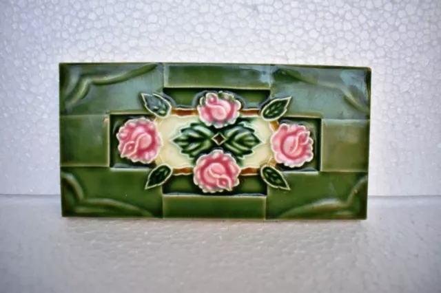 Ancien Carreau Art Nouveau Majolique Japon Rose Céramique Porcelaine Vert Fleur