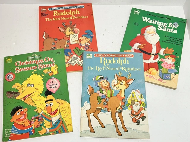 Vtg Golden Coloring Activity Books Christmas Lot of 4 Santa Rudolph Sesame St