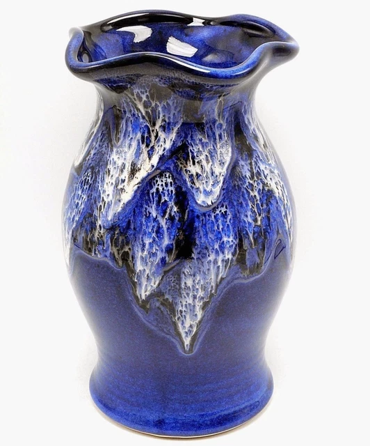 Studio Art Pottery Vase Urn Drip Glaze Blue White Fluted Rim Stoneware 9" Signed
