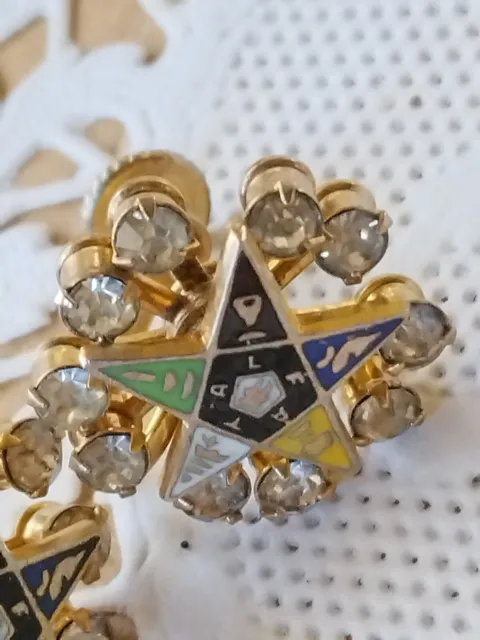 Vintage Order of The Eastern Star OES  Rhinestone Enamel Screwback Earrings