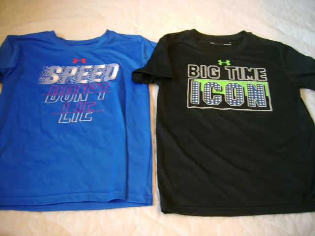 Boys UNDER ARMOUR Lot of 2 Tops Shirts Heat Gear Size 7 BLUE Black Sports Icon