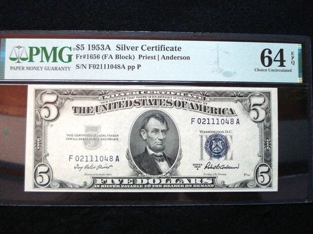 1953-A $5 Silver Certificate - Pmg 64 Epq