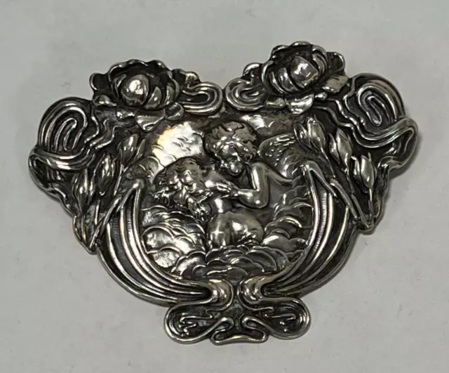 Antique Unger Brothers Art Nouveau Lady Kissed by an Angel Brooch Sash Pin Es101