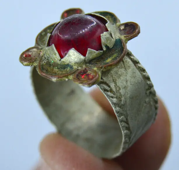 Rare Extremely Ancient Antique Viking Ring Silver Color With Red Stone Artifact