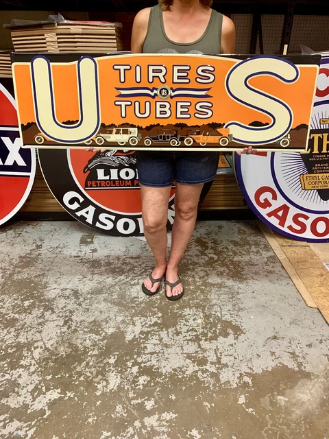 Antique Vintage Old Style US Tires Metal Steel Sign 48" x 15"