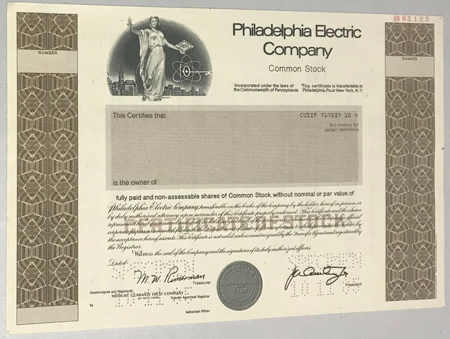 1987 PHILADELPHIA ELECTRIC CORPORATION Stock Certificate SPECIMEN