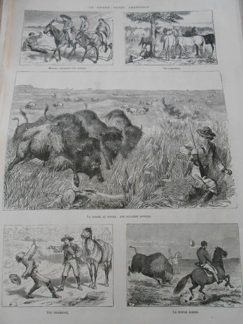 Gravure 1874 - Le Grand Ouest Américain Chasse au Buffle
