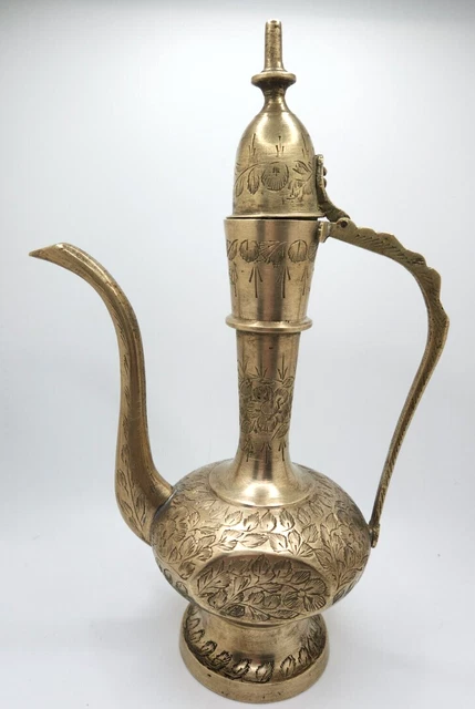 Vintage Brass Aftaba Water Pitcher Tea  Floral etching Hinged lid Made in India