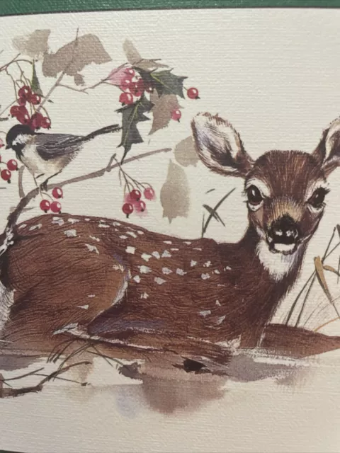 Vtg UNUSED Christmas Card Fawn Deer Bambi Chickadee Watercolor Sunshine W/Env