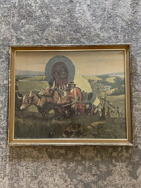 Vintage Framed Luke Doheny Western Lithograph Print WagonTrain Pioneer 21.5x17.5