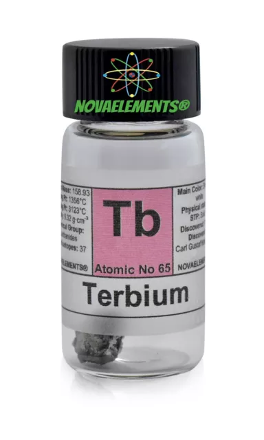 Terbium metal element 65 sample 1 gram piece 99.99% Tb in labeled glass vial 3