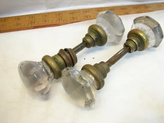 Pair Antique Glass Door Knobs Crystal Hardware Doorknob Handle 8-Sided Octagon