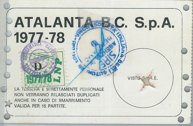 C0273 - VINTAGE document TESSERA D'EPOCA - CALCIO ATALANTA stagione ...