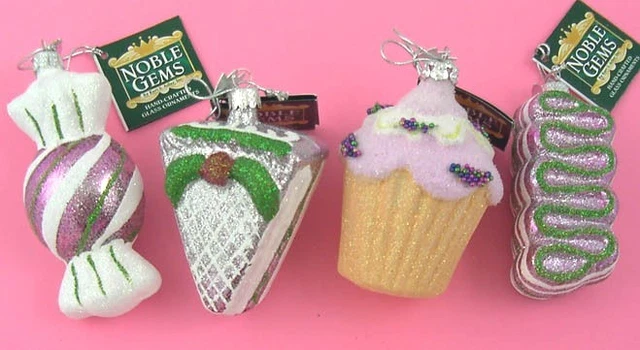 CANDY CUPCAKES Cake Slice Pink Retro Set of 4 Noble Gems GLASS Ornaments New