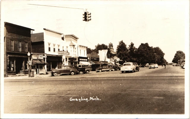 STREET VIEW SCENE real photo postcard rppc GRAYLING MICHIGAN MI 1940s