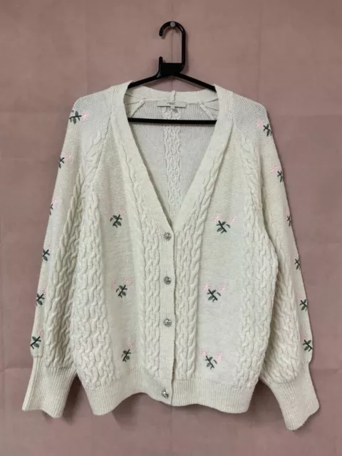 NEXT Cream Pretty Floral Embroidered Cable Knit Soft Cardigan Size Large - 16