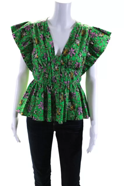 10 Crosby Derek Lam Womens Cotton Floral Short Sleeve Blouse Top Green Size 6