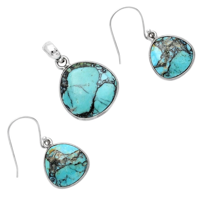 Lucky Charm Tibetan Turquoise 925 Silver Pendant Earrings Jewelry Set T-1001